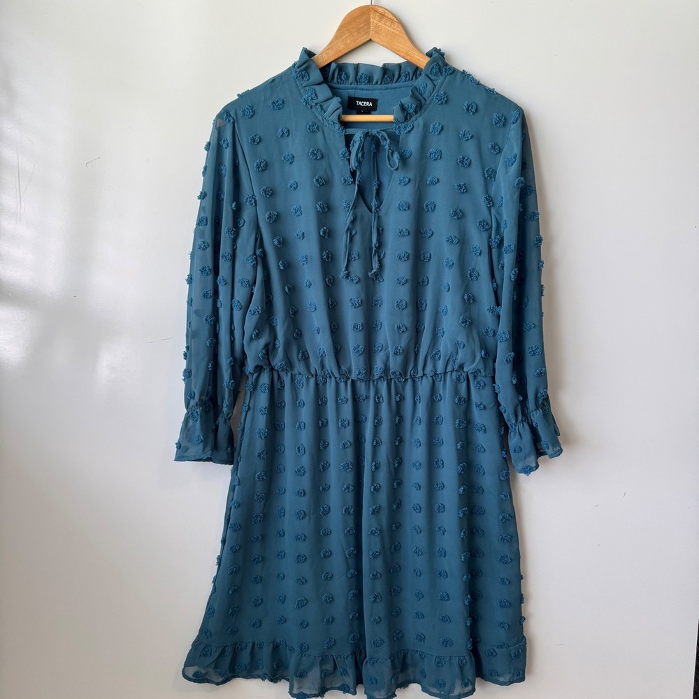 Tacera Mini Dress Ruffle Neck Long Sleeve Pom Dot Teal Blue Size L
